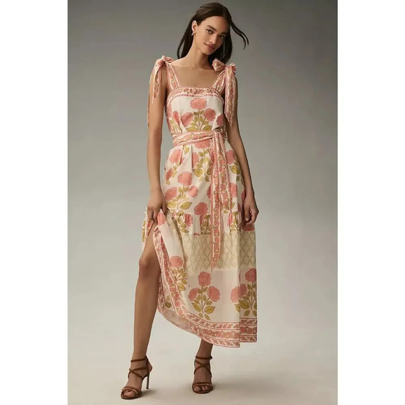 NWD Sue Sartor Tie-Shoulder Maxi Dress Size LP Petite Orange/Ivory 9B417 - Picture 1 of 16
